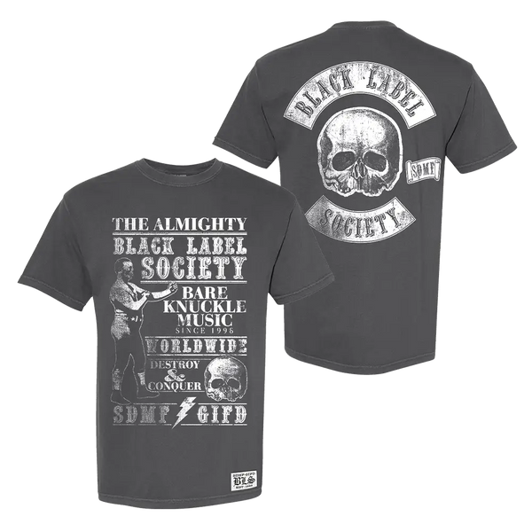 Dark gray BLS Bare Knuckle Music Tee with skull and text graphics on front and back