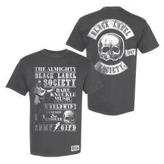 Dark gray BLS Bare Knuckle Music Tee with skull and text graphics on front and back