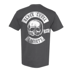 Dark gray BLS Bare Knuckle Music Tee with skull design and Black Label Society patch