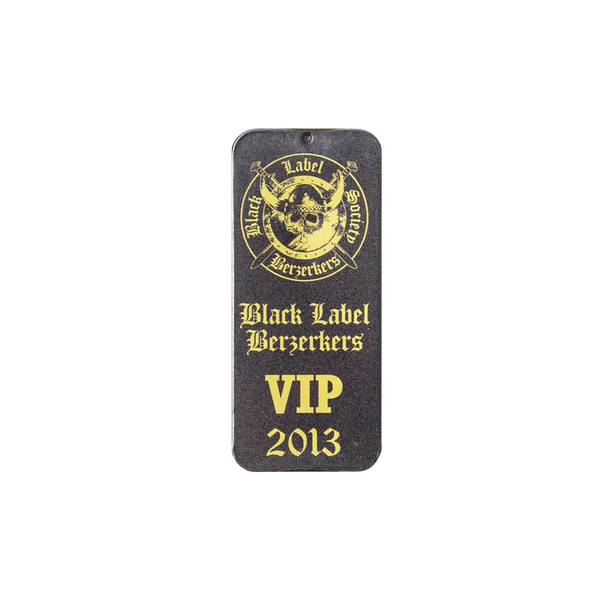 VIP pass for Black Label Berzerkers event 2013, featuring skull logo in guitar pick tin