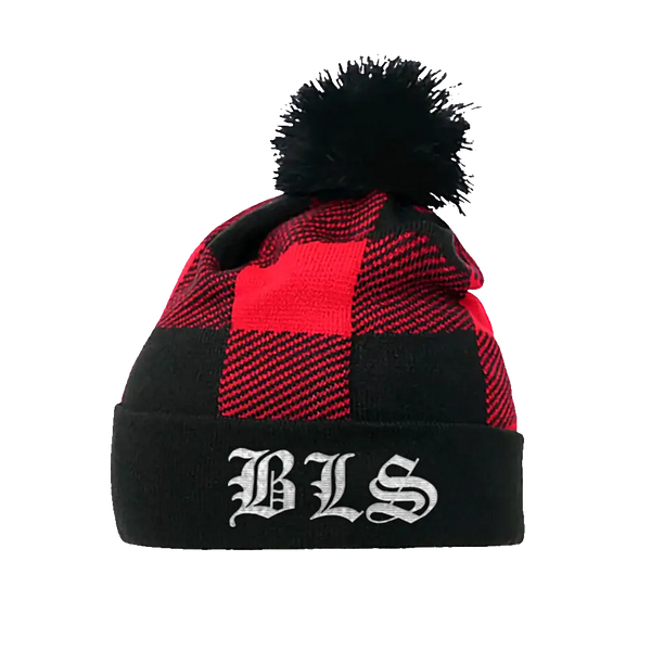 Red and black buffalo plaid beanie with pom-pom and BLS embroidery on brim