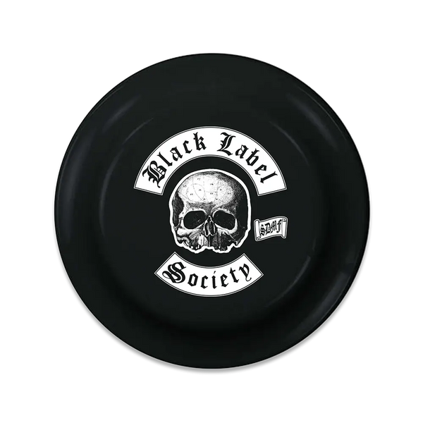 Black vinyl record with skull logo and Black Label Society text for BLS Colors Frisbee