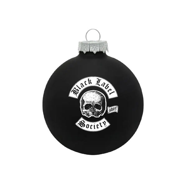 Black Christmas ornament with skull logo and Black Label Society text for BLS Colors Holiday