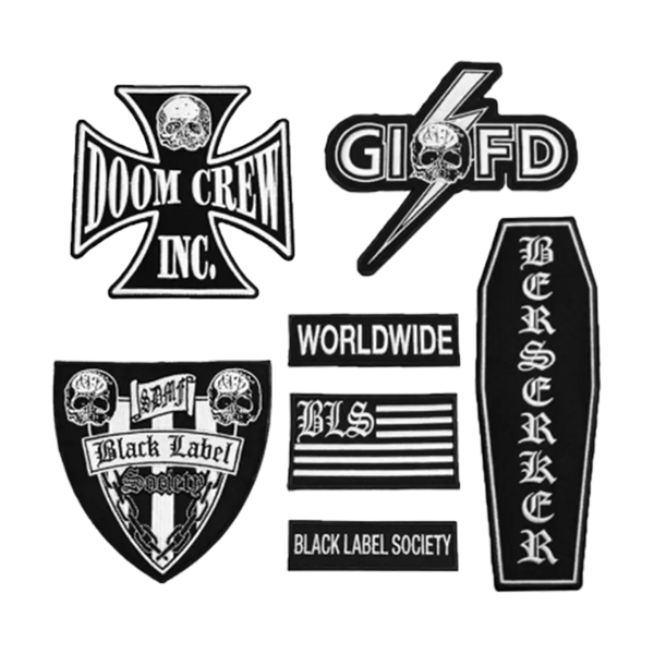 Black Label Society patch set featuring skull motifs and various shapes in black and white