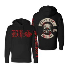 Black Gildan hoodie with skull design and red text, featuring BLS Halloween 2024 logo