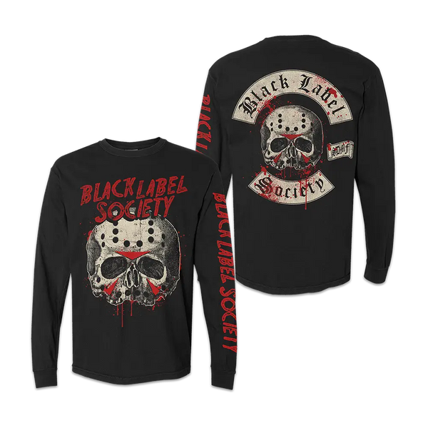 Black long-sleeved tee with skull design and Black Label Society text for BLS Halloween