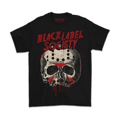 Black T-shirt with red skull design and Black Label Society text, BLS Halloween 2024 Tee