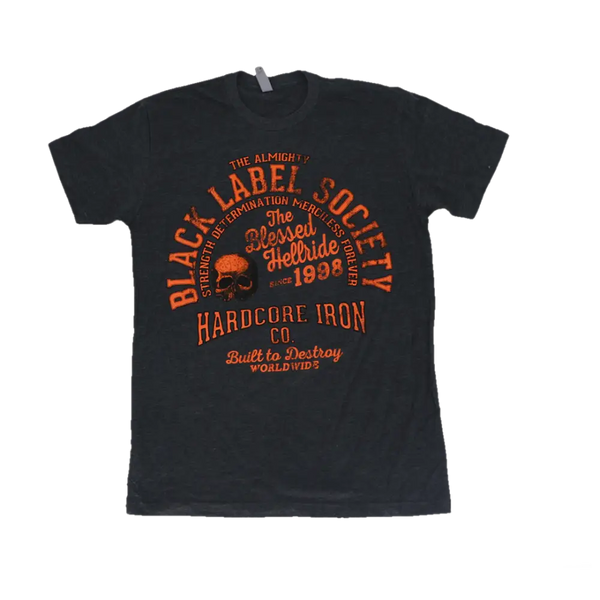 Black t-shirt with orange graphic and text for BLS Hardcore Hellride design