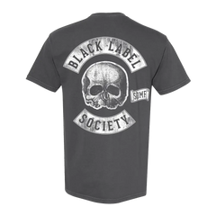 Dark gray BLS Hardcore Iron Co. Tee with skull logo and Black Label Society design