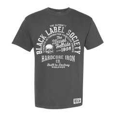 Dark gray BLS Hardcore Iron Co. Tee featuring vintage Black Label Society skull graphic