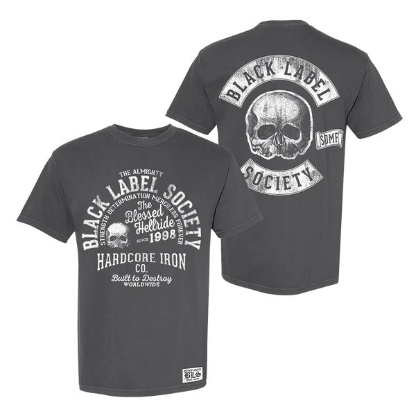 Dark gray BLS Hardcore Iron Co. Tee with skull and motorcycle graphics on front and back