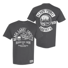 Dark gray BLS Hardcore Iron Co. Tee with skull and motorcycle graphics on front and back