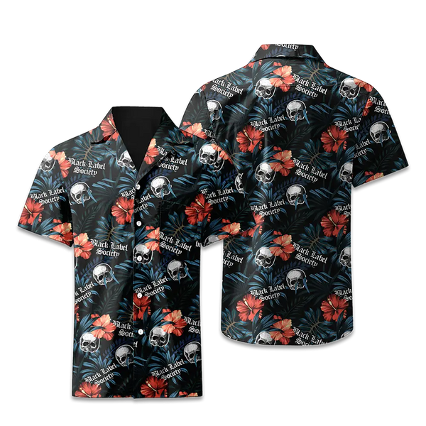 BLS Hawaiian Shirt in stretch polyester featuring skulls and red hibiscus on dark background