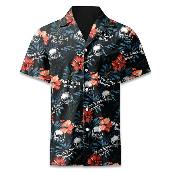 BLS Hawaiian Shirt featuring a dark floral and skull print pattern for a bold style