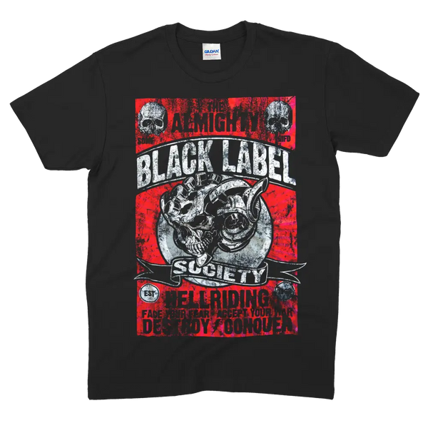 Black T-shirt featuring Black Label Society graphic and skull design for BLS Hell Riding