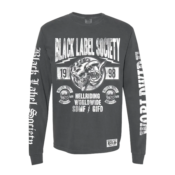 Black long-sleeve t-shirt featuring Black Label Society artwork, BLS Hellriding Worldwide design