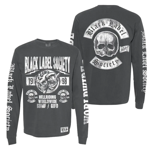 Black long sleeve t-shirt featuring skull designs and Black Label Society BLS Hellriding Worldwide artwork