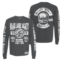 Black long sleeve t-shirt featuring skull designs and Black Label Society BLS Hellriding Worldwide artwork