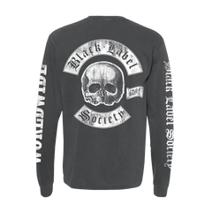 Black long sleeve t-shirt featuring skull logo and Black Label Society, BLS Hellriding Worldwide