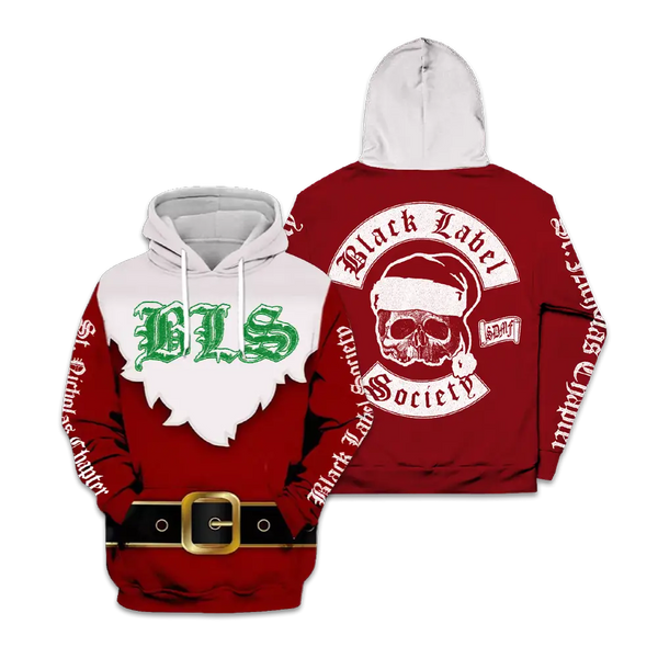 Red and white Santa Hoodie featuring skull design and Black Label Society text