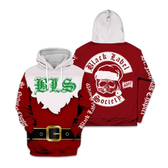 Red and white Santa Hoodie featuring skull design and Black Label Society text