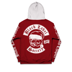 Red Santa hoodie featuring skull design and Black Label Society text on the back