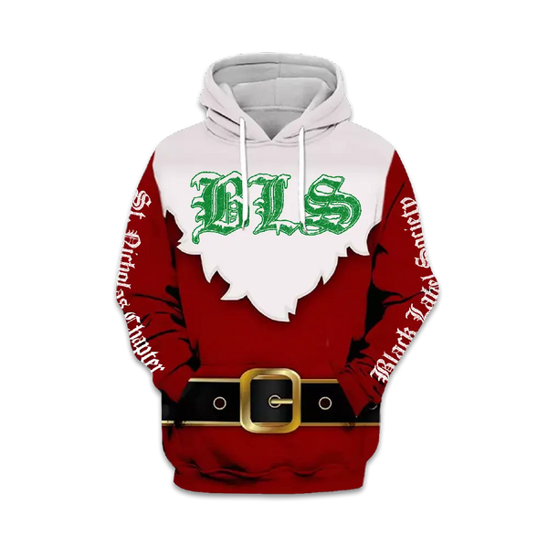 Red and white Santa hoodie featuring BLS text and festive Santa belt design