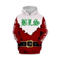 Red and white Santa hoodie featuring BLS text and festive Santa belt design