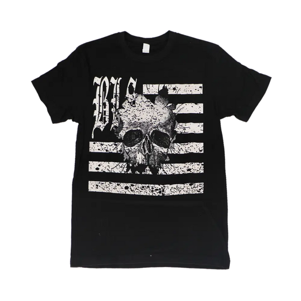 Black BLS Skully Flag T-shirt with distressed skull design and white stripes