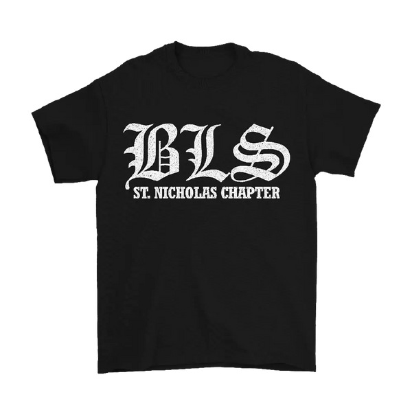 Black BLS St. Nicholas Tis The Season Tee featuring white Gothic lettering design