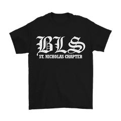 Black BLS St. Nicholas Tis The Season Tee featuring white Gothic lettering design