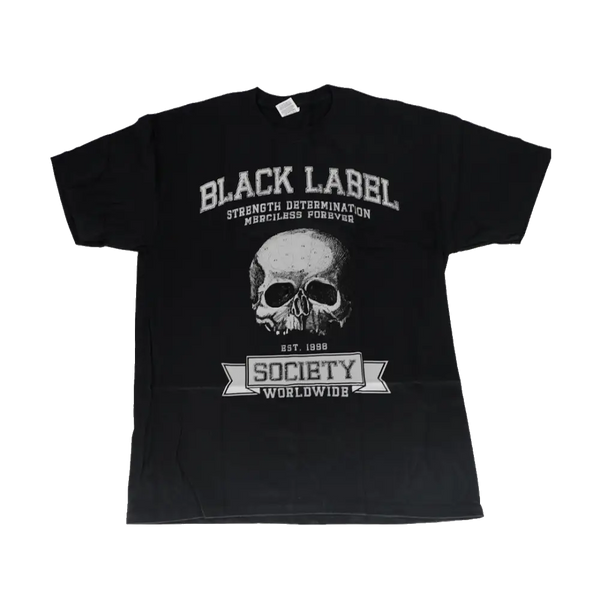 Black t-shirt with skull graphic and text design promoting BLS Strength Determination