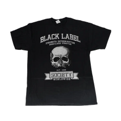 Black t-shirt with skull graphic and text design promoting BLS Strength Determination