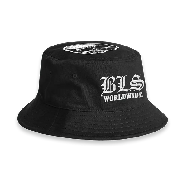 Black bucket hat featuring white BLS WORLDWIDE text and logo for BLS Summer 2024