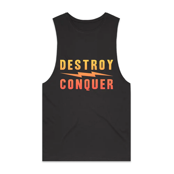 Black tank top featuring DESTROY CONQUER in yellow and orange gradient for BLS Summer 2024