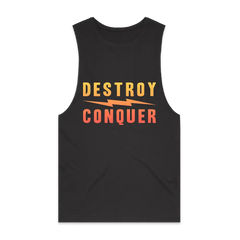 Black tank top featuring DESTROY CONQUER in yellow and orange gradient for BLS Summer 2024