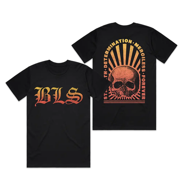 BLS Summer 2024 black tee featuring gothic text and skull graphics on front and back