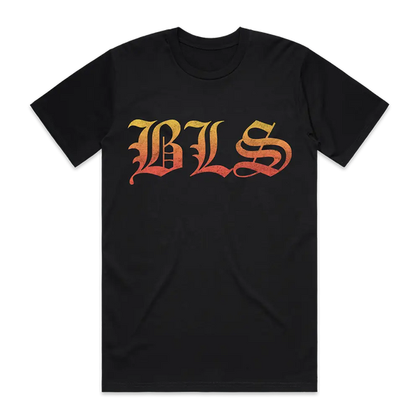 BLS Summer 2024 black tee featuring yellow and red gothic-style lettering