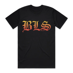 BLS Summer 2024 black tee featuring yellow and red gothic-style lettering