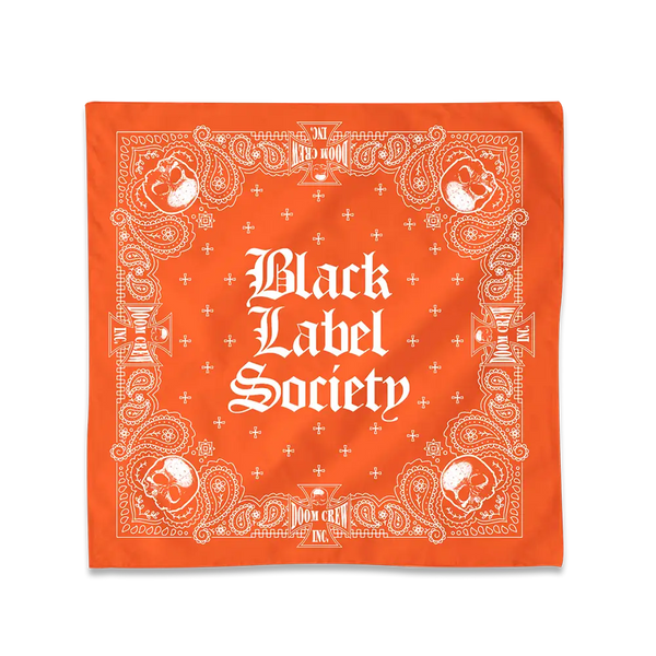 Orange bandana with Black Label Society text and patterns, perfect for BLS Summer 2024