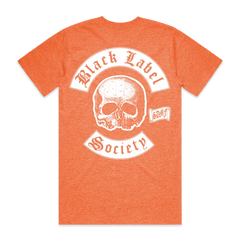 Orange tee featuring a white skull design and Black Label Society text for BLS Summer 2024