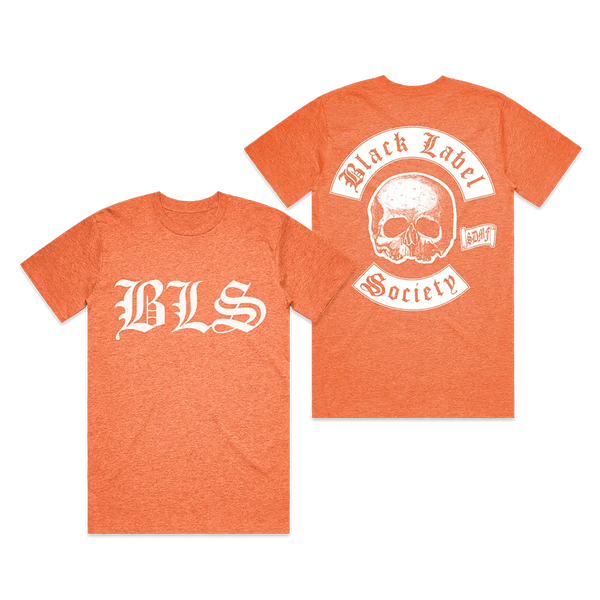 Orange tee from BLS Summer 2024 featuring a skull graphic and bold white text