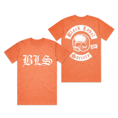 Orange tee from BLS Summer 2024 featuring a skull graphic and bold white text