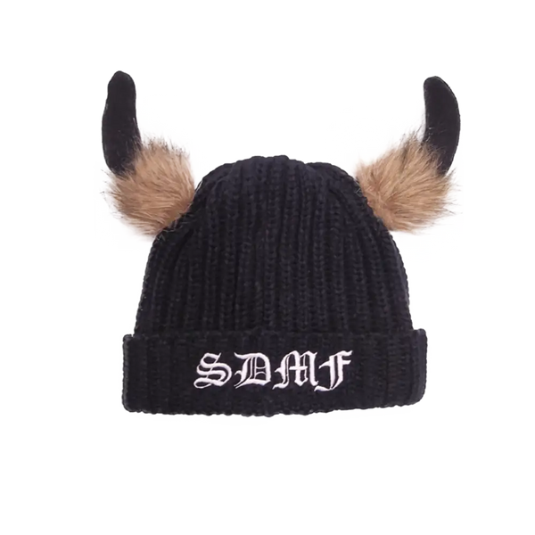 Black knit BLS Viking Beanie with furry horns and SDMF text on the brim