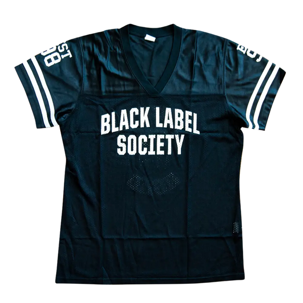 Black Jersey-style T-shirt featuring Black Label Society design for BLS WMNS 98 Football Jersey