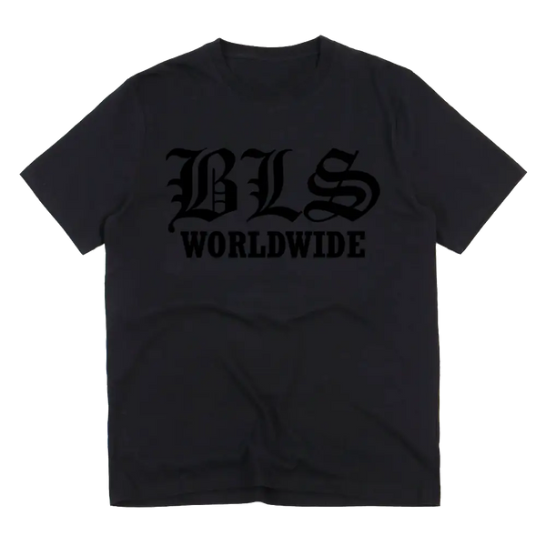 Black T-shirt featuring BLS WORLDWIDE in gothic style for Worldwide Black Friday