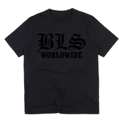 Black T-shirt featuring BLS WORLDWIDE in gothic style for Worldwide Black Friday