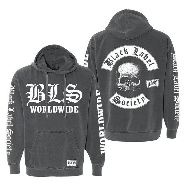 Black hooded sweatshirt featuring skull design and Black Label Society graphics, BLS Worldwide