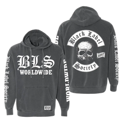 Black hooded sweatshirt featuring skull design and Black Label Society graphics, BLS Worldwide