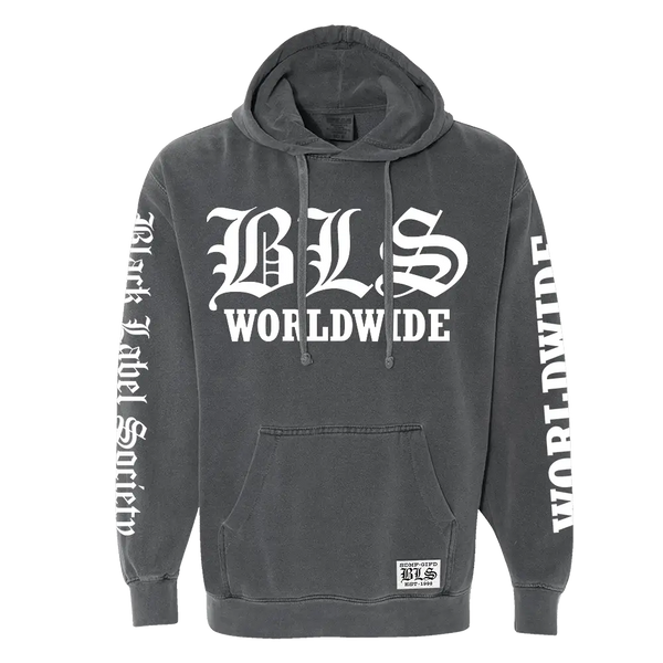 Dark gray BLS Worldwide Heavyweight Hoodie with white text and graphics on sleeves